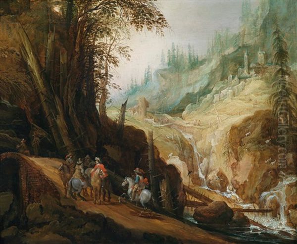 Felsige Landschaft Mit Reitern Oil Painting by Philips de Momper the Elder