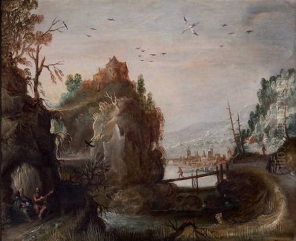 Saint Paul Et Saint Antoine Ermite Nourris Par Un Corbeau Dans Un Paysage De Riviere Oil Painting by Philips de Momper the Elder