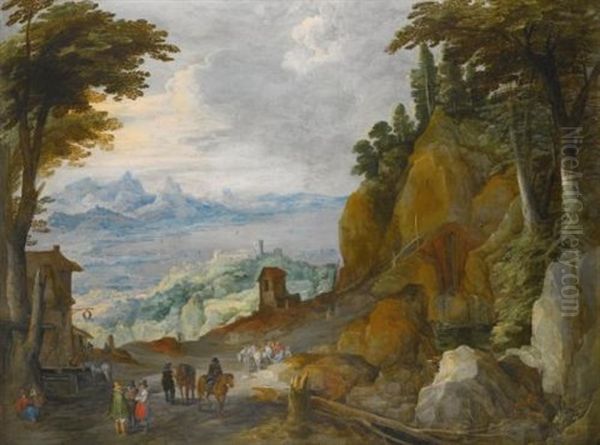 A Mountainous Landscape With Travellers On A Path, A Lake And Harbour Beyond Oil Painting by Philips de Momper the Elder