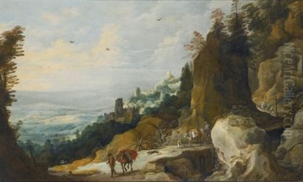 Muleteers On A Bridge In A Mountainous Landscape, A Village In The Distance by Philips de Momper the Elder