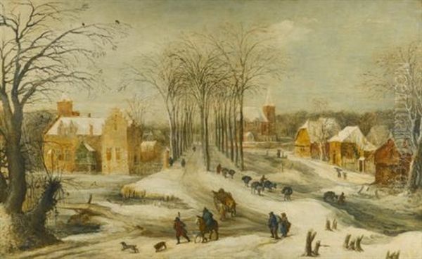 Winter Landscape With Travellers Passing Through An Avenue Of Trees Oil Painting by Philips de Momper the Elder