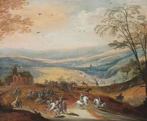 A Cavalry Skirmish In A Hilly Landscape, A Convoy Beyond Oil Painting by Philips de Momper the Elder