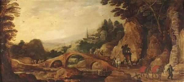 A River Landscape With Travellers On A Path, A Village Beyond Oil Painting by Philips de Momper the Elder