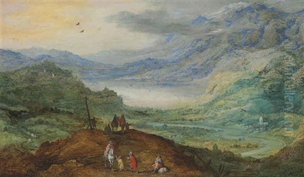 An Extensive Mountainous Landscape With Figures On A Path, A River Valley Beyond by Philips de Momper the Elder