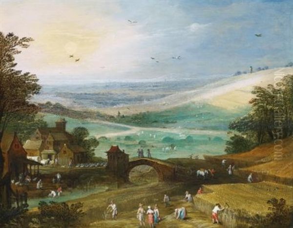 A Summer Landscape With Figures Bringing In The Harvest Oil Painting by Philips de Momper the Elder