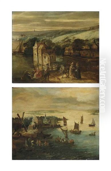 A River Landscape With Elegant Figures Near A Castle (+ An Extensive River Landscape With Figures In Sailing Vessels Near A Village; Pair) Oil Painting by Philips de Momper the Elder