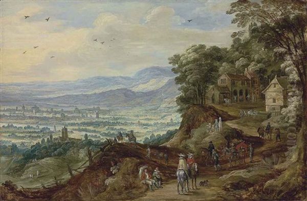 An Extensive Landscape With Travellers Near A Mountain Village Oil Painting by Philips de Momper the Elder