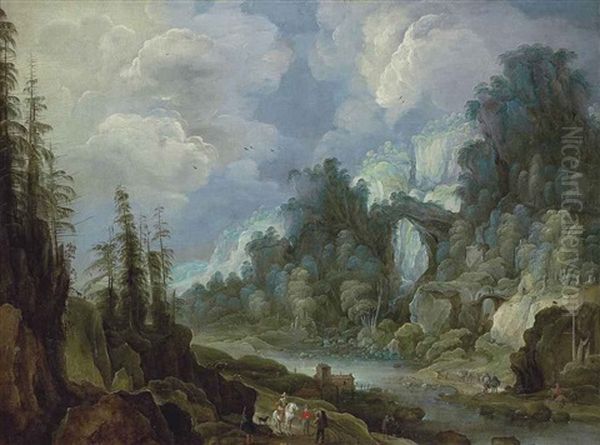 An Extensive Mountainous, River Landscape With Travellers Oil Painting by Philips de Momper the Elder