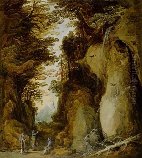 Felsige Landschaft Mit Drei Rastenden Wanderern Neben Einem Wasserfall Oil Painting by Philips de Momper the Elder