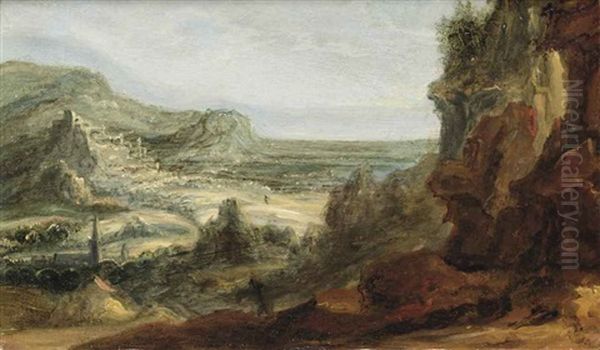 An Extensive Mountainous Landscape With A Town In The Distance Oil Painting by Philips de Momper the Elder