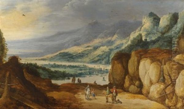 An Extensive Mountainous River Landscape With Horsemen Conversing On A Raised Plateau Oil Painting by Philips de Momper the Elder