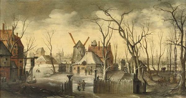 A Village In Winter With Figures At Their Daily Activities, A View Of A Town (bruges?), In The Background Oil Painting by Philips de Momper the Elder