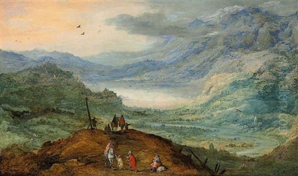 An Extensive Mountainous Landscape With Figures On A Path, A River Valley Beyond Oil Painting by Philips de Momper the Elder