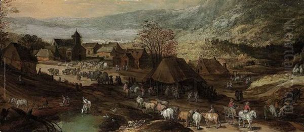 A Village With Figures, Cattle And Horses, Mountains Beyond Oil Painting by Philips de Momper the Elder