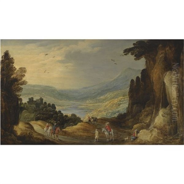 An Extensive River Landscape With Travelers On A Road Before A Castle Oil Painting by Philips de Momper the Elder