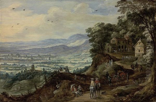 An Extensive Landscape With Travellers Near A Mountain Village Oil Painting by Philips de Momper the Elder