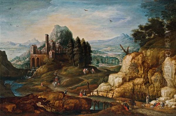 Weite Hugellandschaft Mit Burgbefestigung Und Brucke by Philips de Momper the Elder