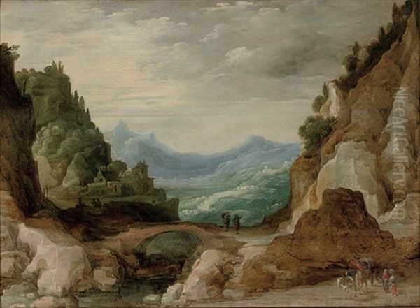 An Extensive Rocky Landscape With Travellers By A Bridge Oil Painting by Philips de Momper the Elder