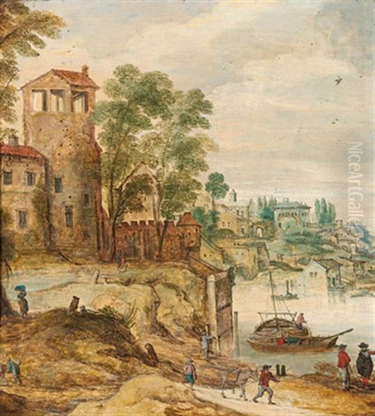 Stadt An Einem Fluss Mit Booten Und Figuren Oil Painting by Philips de Momper the Elder