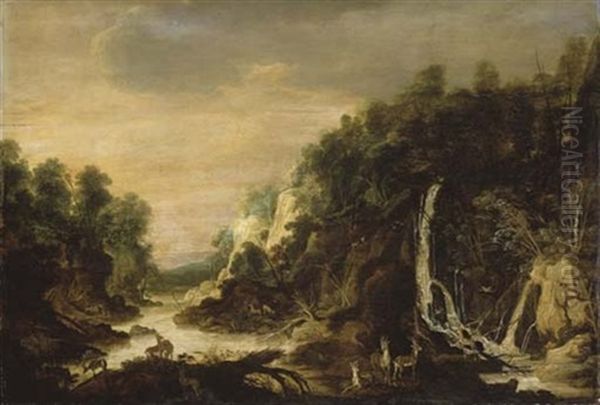 Paysage Avec Cerfs Et Biches Pres D'une Cascade Oil Painting by Philips de Momper the Elder