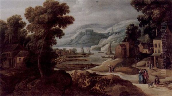 Hugelige Flusslandschaft Mit Hausern Und Reisenden Oil Painting by Philips de Momper the Elder