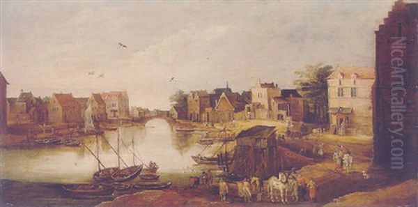 A Townscape With Peasants Unloading A Cart By A Canal Oil Painting by Philips de Momper the Elder