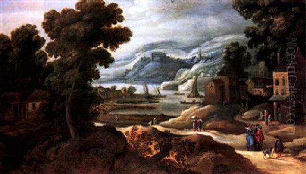 Hugelige Flusslandschaft Mit Hausern Und Reisenden by Philips de Momper the Elder