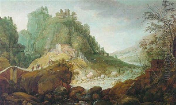 A Rugged Rocky Landscape With A Torrent And Travellers On A Path Oil Painting by Philips de Momper the Elder