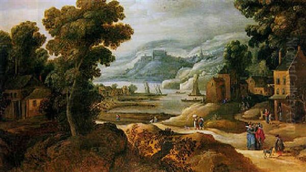 Hugelige Flusslandschaft Mit Hausern Und Reisenden Oil Painting by Philips de Momper the Elder