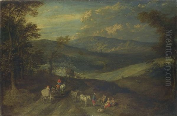 An Extensive Mountainous Landscape With Travellers On A Path Oil Painting by Joos de Momper the Younger