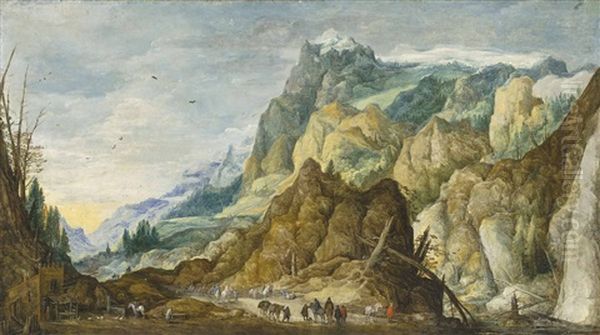 An Extensive Mountainous Landscape With Travellers Oil Painting by Joos de Momper the Younger