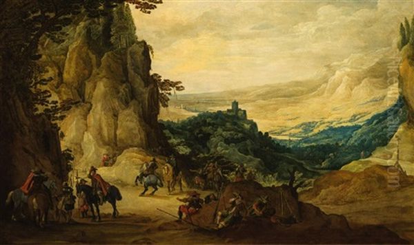 Paesaggio Con Castelli, Soldati E Cavalieri A Riposo Oil Painting by Joos de Momper the Younger