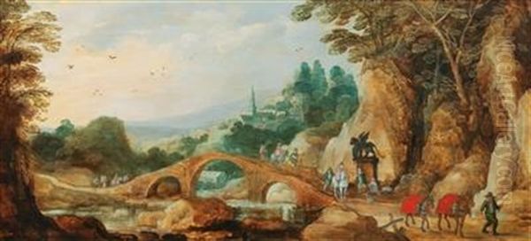 A Rocky Landscape With Riders Near A Bridge Oil Painting by Joos de Momper the Younger