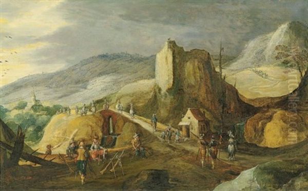 A Mountainous Landscape With Soldiers Preparing An Attack By A Bridge Oil Painting by Joos de Momper the Younger