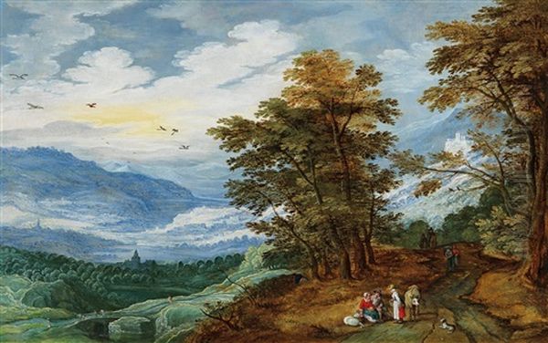 An Extensive Landscape With Travellers Oil Painting by Joos de Momper the Younger