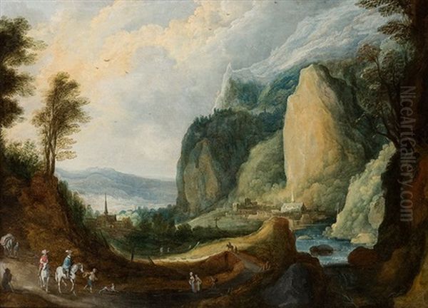 Paisaje Con Personajes Y Aldea Al Fondo Oil Painting by Joos de Momper the Younger