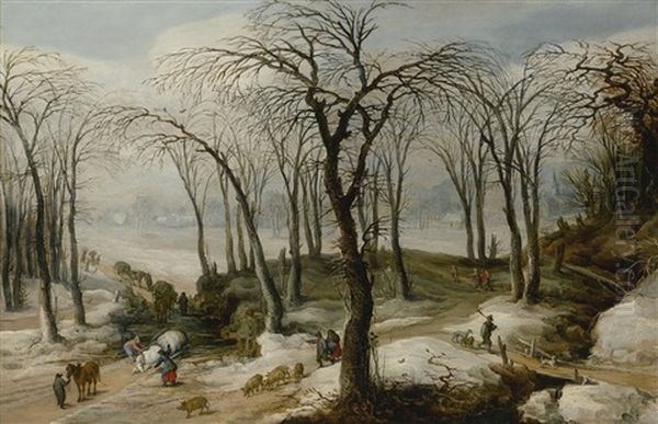 A Winter Landscape With An Overturned Horse-drawn Cart, And Figures Driving A Herd Of Pigs Down A Track Oil Painting by Joos de Momper the Younger