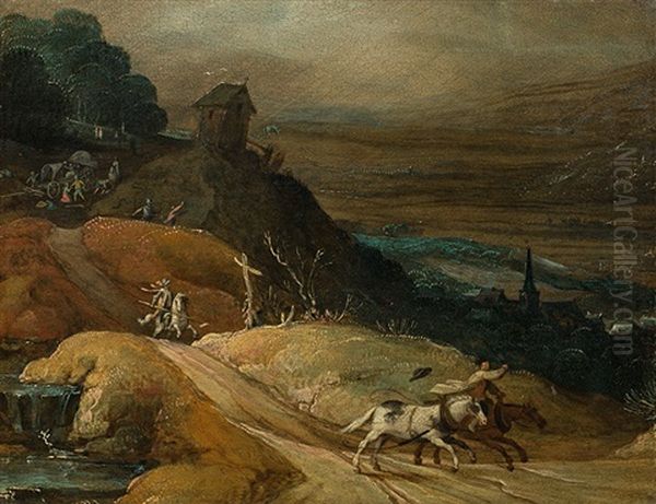 Raid On A Horse-drawn Carriage In The Mountains Oil Painting by Joos de Momper the Younger