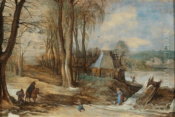 A Winter Landscape With A Horseman Returning Home Oil Painting by Joos de Momper the Younger