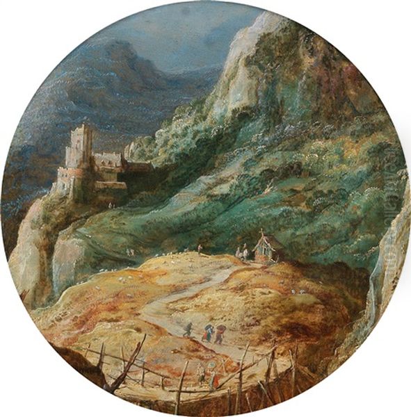 A Mountainous Landscape With Travellers By A Cottage And An Elevated Castle Oil Painting by Joos de Momper the Younger