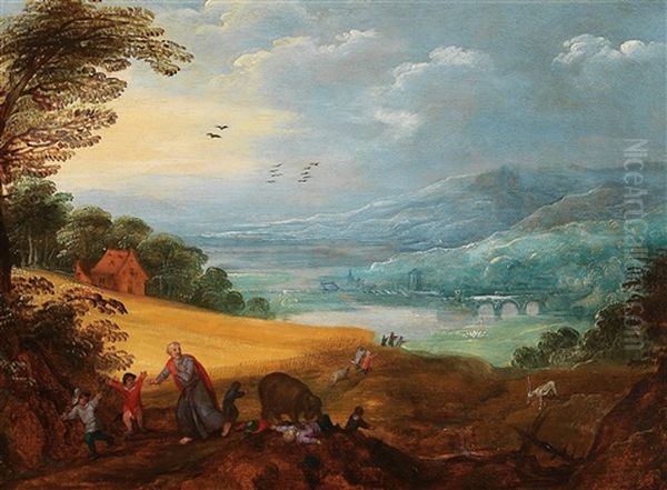 An Extensive River Landscape With The Judgement At Bethel (2 Kings 2: 23-25) Oil Painting by Joos de Momper the Younger