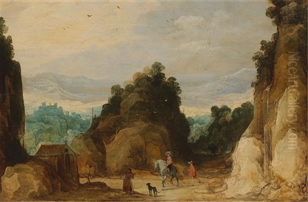 A Mountain Landscape With Travellers And A Dog Oil Painting by Joos de Momper the Younger