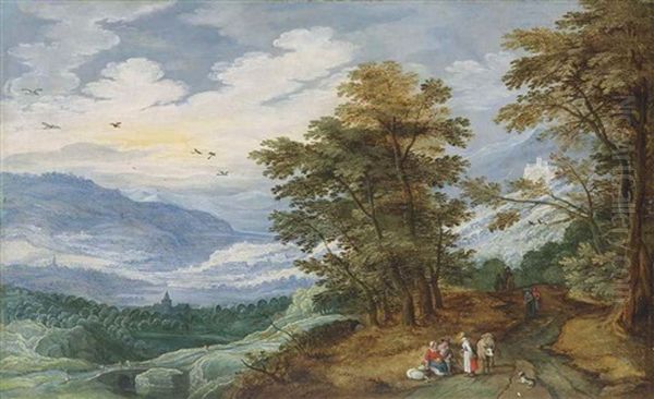 A Wooded Landscape With Figures Resting By A Path, Villages In The Mountains Beyond Oil Painting by Joos de Momper the Younger