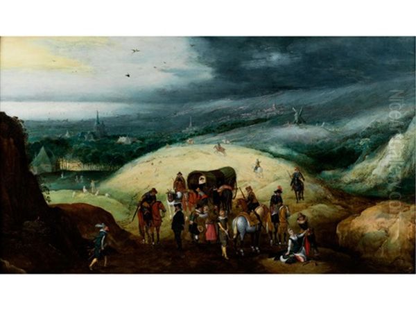 Grosse Landschaft Mit Darstellung Eines Rauberischen Uberfalls Auf Eine Reisegruppe Oil Painting by Joos de Momper the Younger