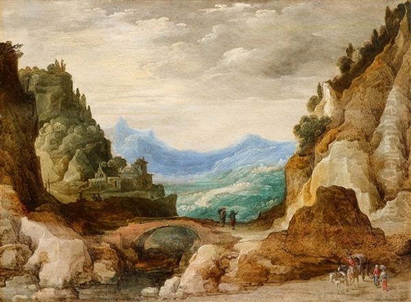 A Panoramic Landscape With Travellers Oil Painting by Joos de Momper the Younger