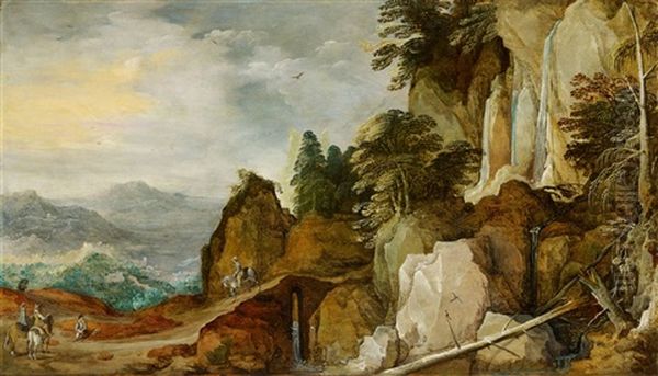 Mountainous Landscape With A Waterfall And Travellers Oil Painting by Joos de Momper the Younger