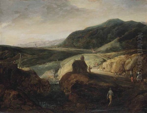 A Mountainous Landscape With Travellers And Shepherds Oil Painting by Joos de Momper the Younger