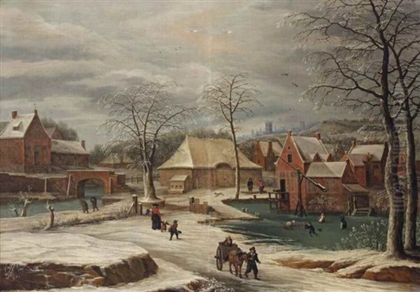 A Winter Landscape With Children On The Ice And Other Figures, A Town Beyond Oil Painting by Joos de Momper the Younger