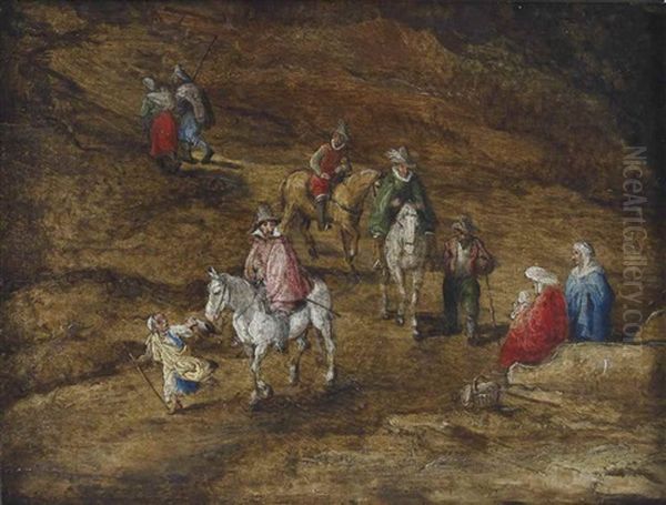 An Elegant Company On Horse Back Passing A Beggars Family; A Fragment Oil Painting by Joos de Momper the Younger