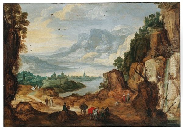 A Vast Mountain Landscape With Travellers Oil Painting by Joos de Momper the Younger